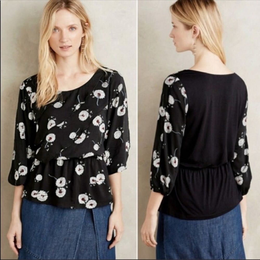Anthro | Deletta Wished Blooms Split Sleeve Top